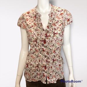 🍃Boho Pleated Cotton Flower Print Cap Short Sleeve Ruche Button Top Shirt